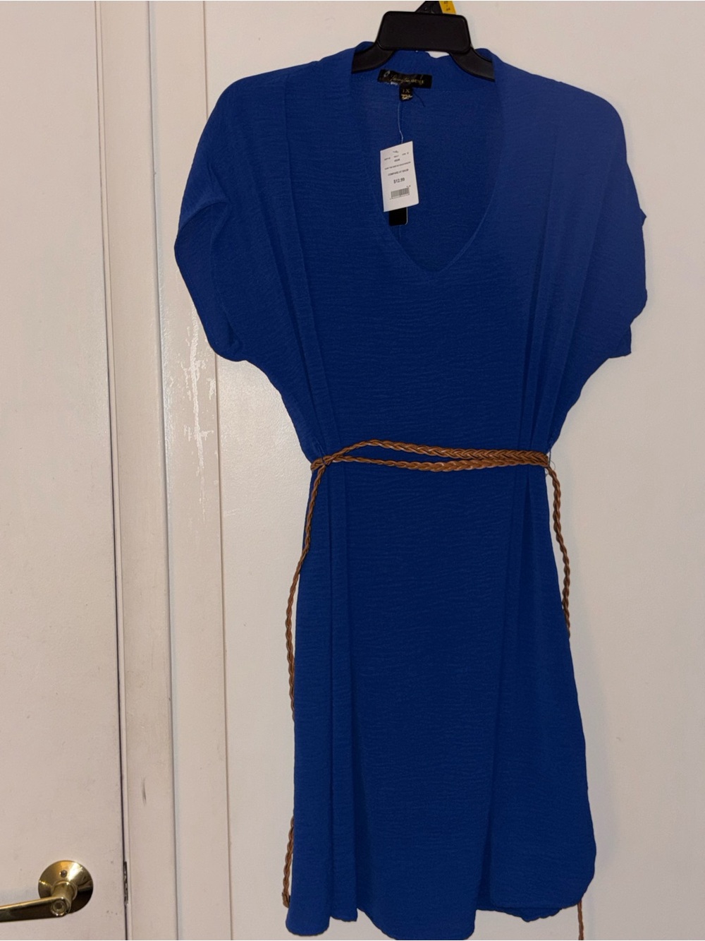 Women's Royal Blue V-Neck Short Sleeve Dress with Belt